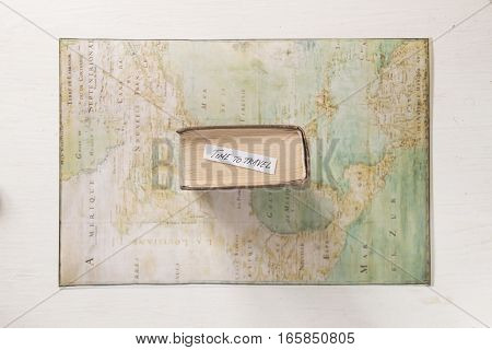 Tme to travel Hand lettering quote. Map created by Claude Bernou, published in 1681.