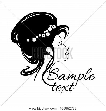 Beautiful girl Logo for beauty salon, spa salon, firm or company. Abstract young woman's face silhouette in profile. Wedding design. Vector illustration for beauty salon. Woman hair style silhouette