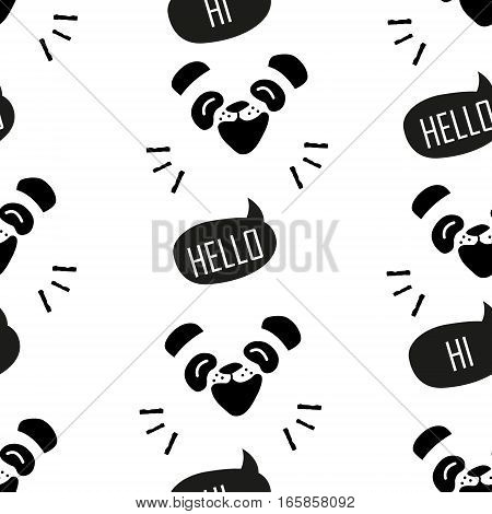 Seamless pattern with funny panda. Cartoon bear says Hello. Vector background.