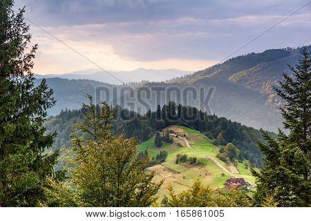 Mountain landscape at sunset. Carpathian Mountains Mizhhiria Ukraine.