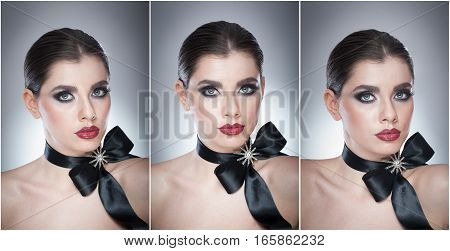 Hairstyle and Make up - beautiful female art portrait with black ribbon. Elegance. Genuine Natural brunette with ribbon - studio shot. Portrait of a attractive woman with beautiful eyes and red lips