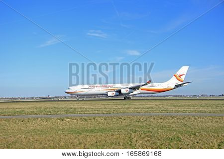 March 22nd 2015 Amsterdam Schiphol Airport PZ-TCP Surinam Airways Airbus A340-300 take off from Polderbaan Runway