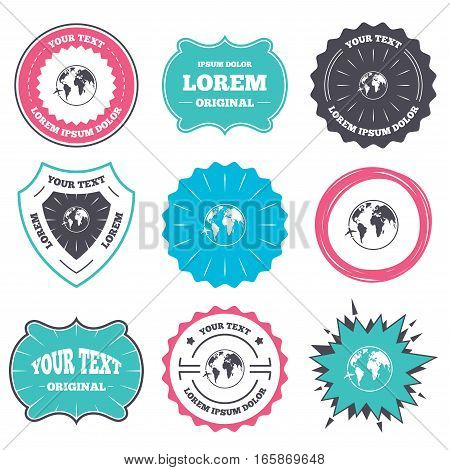 Label and badge templates. Airplane sign icon. Travel trip round the world symbol. Retro style banners, emblems. Vector