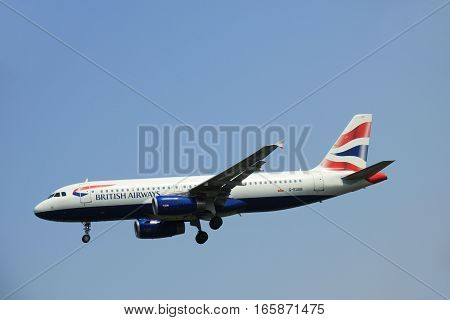 G-EUUB British Airways Airbus A320 takes of from Amsterdam Airport Polderbaan runway. British Airways often shortened to BA is the flag carrier airline of the United Kingdom.