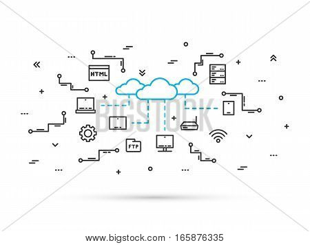 Cloud storage technology line vector illustration. Network communication between digital devices concept. Cloud data infrastructure line art design. Server workstation equipment technology.