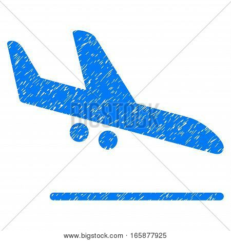 Aiplane Landing grainy textured icon for overlay watermark stamps. Flat symbol with dirty texture. Dotted vector blue ink rubber seal stamp with grunge design on a white background.