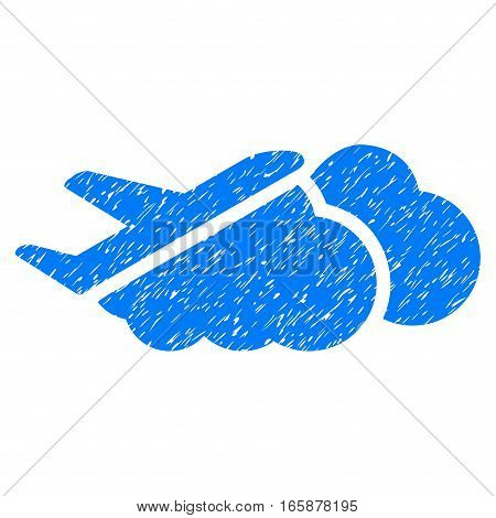 Airplane Over Clouds grainy textured icon for overlay watermark stamps. Flat symbol with dust texture. Dotted vector blue ink rubber seal stamp with grunge design on a white background.