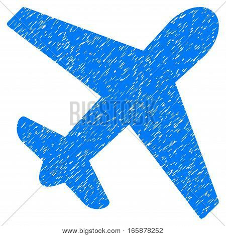 Airplane grainy textured icon for overlay watermark stamps. Flat symbol with scratched texture. Dotted vector blue ink rubber seal stamp with grunge design on a white background.