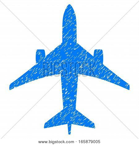 Jet Plane grainy textured icon for overlay watermark stamps. Flat symbol with dust texture. Dotted vector blue ink rubber seal stamp with grunge design on a white background.