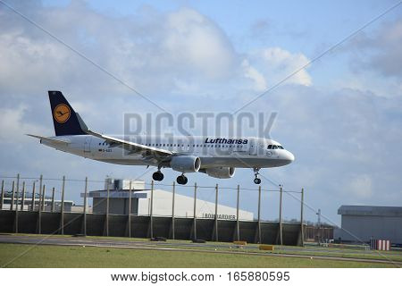 Schiphol Amsterdam The Netherlands april 11 2015: D-AIZZ Lufthansa Airbus A320-200 approaching runway 09/27 Buitenveldert