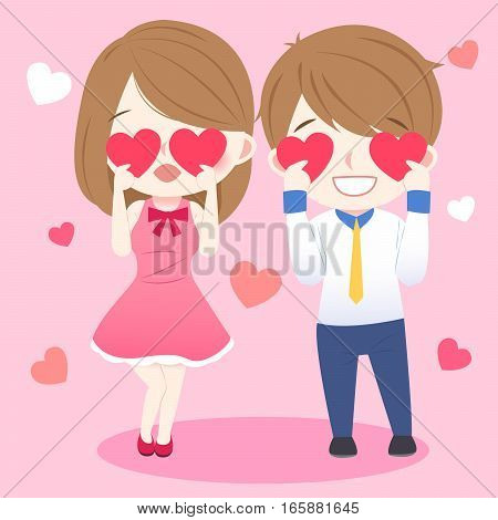 cute cartoon couple take heart and smile happily