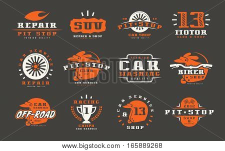 Car races and service badges. Graphic design for t-shirt. Color print on black background