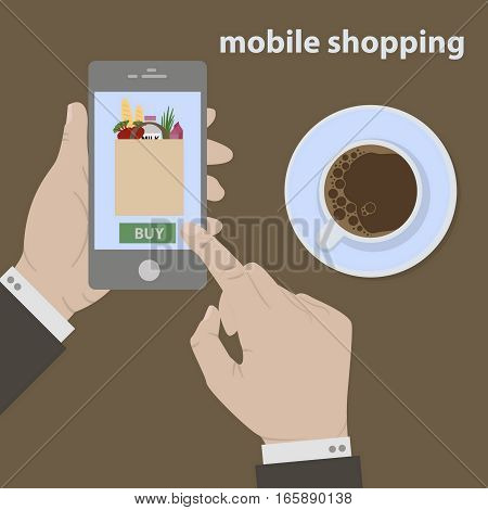 Shopping in online store. Internet shopping. Process of mobile shopping of food with cup of coffe