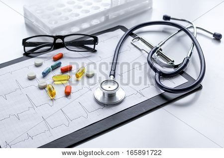 doctor desktop with test tubes in lab no one.