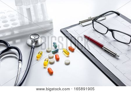 doctor desktop with test tubes in lab no one.