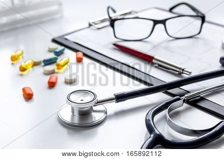 doctor desktop with test tubes in lab no one.