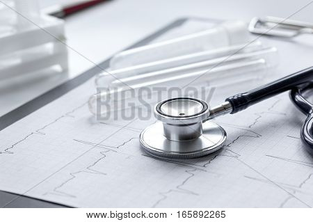 doctor desktop with test tubes in lab no one.