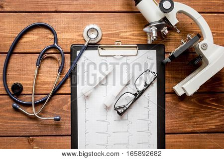 doctor workplace at wooden table with microscope in lab top view no one