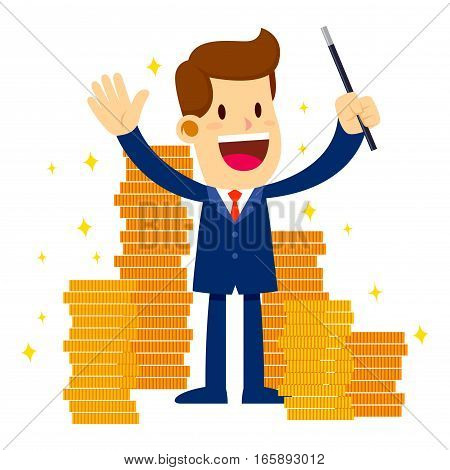 Vector stock of a businessman holding magic wand surrounded with lot's of gold coins