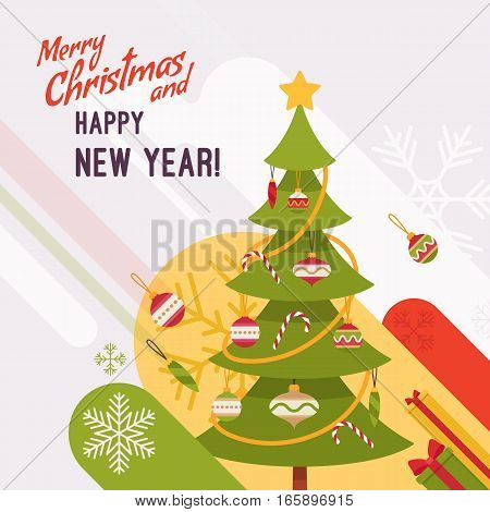 New Year and Christmas card with copyspace for texting. White background, green fur tree decorated with glass baubles and candy canes. Cartoon vector flat-style graphic template