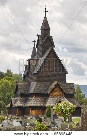 Norwegian stave church. Heddal. Historic building. Norway tourism highlight. Vertical