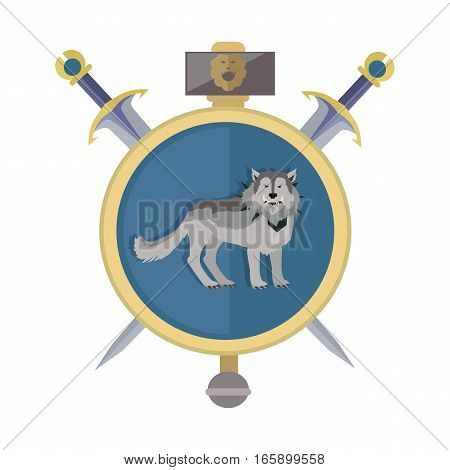 Grey wolf in gold circle. Isolated avatar icon with swords. Wolf with showing fangs. Stylized fantasy character. War concept. Part of series of game objects in flat design. Vector illustration.