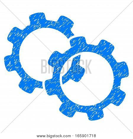 Gears grainy textured icon for overlay watermark stamps. Flat symbol with unclean texture. Dotted vector blue ink rubber seal stamp with grunge design on a white background.