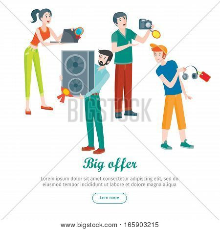 Supermarket sale man and woman happy. Household appliances in flat style. For electronics stores advertising. Purchase equipment for every day use. Devices with red discount tags. Black friday. Vector