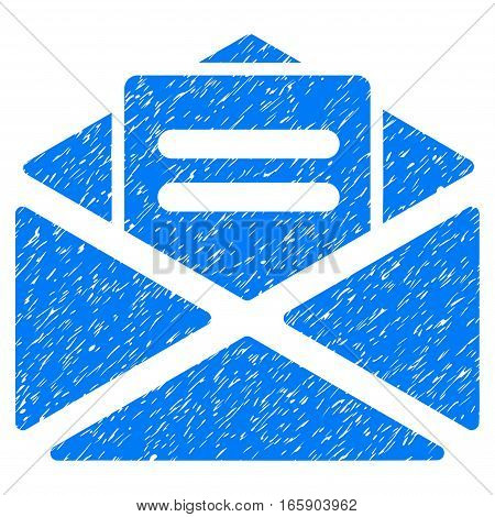 Open Mail grainy textured icon for overlay watermark stamps. Flat symbol with scratched texture. Dotted vector blue ink rubber seal stamp with grunge design on a white background.