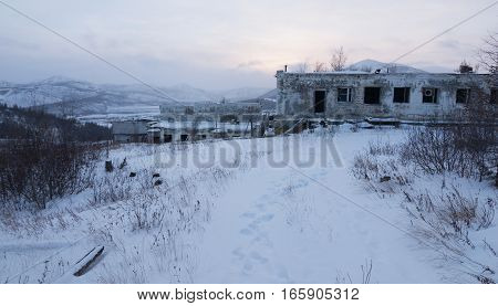 Abandoned settlement in Northern Kolyma winter view