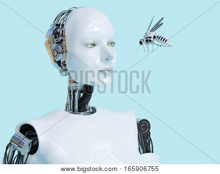3D rendering of a female robot looking at a robotic mosquito. Light blue background.