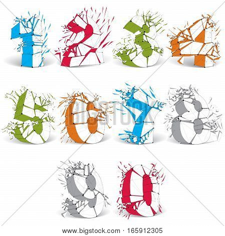 Set Of 3D Vector Colorful Wireframe Numbers Broken Into Different Fragments, Geometric Polygonal Num