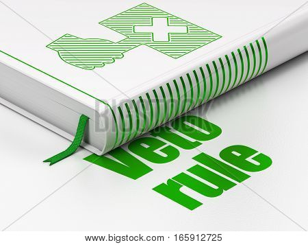 Political concept: closed book with Green Protest icon and text Veto Rule on floor, white background, 3D rendering