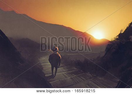 man standing on mountain pathway stairs looking at the sunset, illustration painting