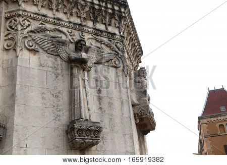 angel with wings. Detail architecture Basilica of Notre-Dame de Fourviere is located on the hill of Fourviere. Lyon. France.