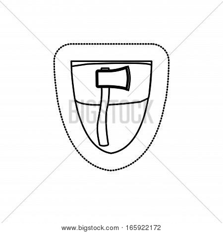 monochrome silhouette sticker with shield frame with ax vector illustration