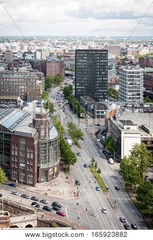 Hamburg Germany - June 1 2006: An elevated view of downtown Hamburg Germany with fiancial businesses in view along the main highway.