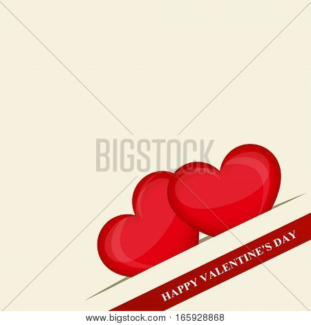 Happy Valentine's day. Two red hearts in pocket in the corner. Red ribbon. Creative design. Vector illustration