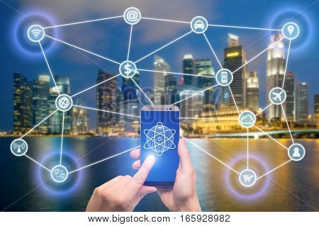Network of connected mobile devices such as smart phone tablet thermostat or smart home. Internet of things and mobile computing concept.