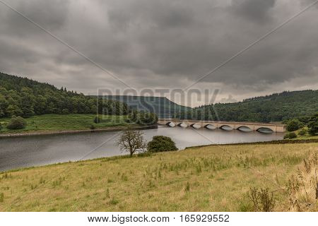 Ladybower Reservoir in the Peak District England with the Ashopton Viaduct crossing