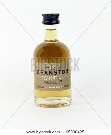 Spencer Wisconsin January 20 2016 Mini bottle of Deanston Scotch Whisky Deanston is based in Scotland and was founded in 1965