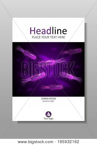Book cover A4 design with bacteria in purple luminescence. Medical scientific academic virus flagellum bacteria microbe germ background. Vector.