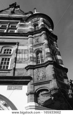 An exterior view of the detail of the architecture on a corner building in Burntisland