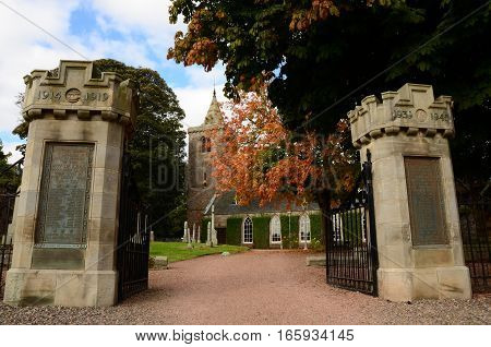 An external view of the entrance gate pillars to Crail church