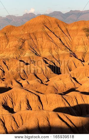eroded clay lit by the setting sun in the Tatacoa desert in Colombia