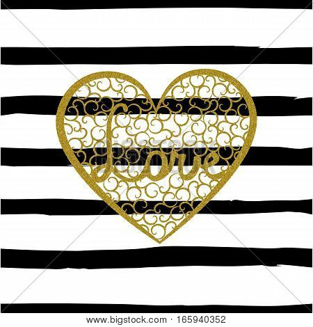 Seamless pattern with gold heart with swirls and letters Love on striped background. Word Love is enclosed in a large heart with gold glitter effect. Grunge style