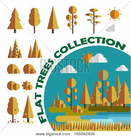 Set. Trees and bushes. Flat, games, app. Vector illustration. Isolated.