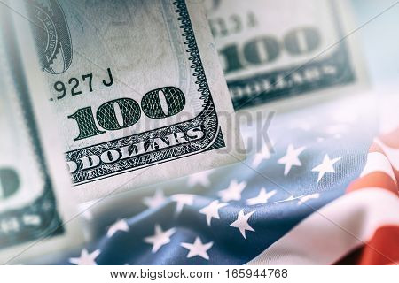 American Banking Concept. American Dollars and United States Of America Flag.
