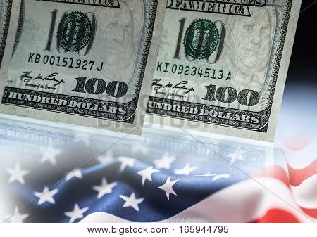 American Banking Concept. American Dollars and United States Of America Flag.