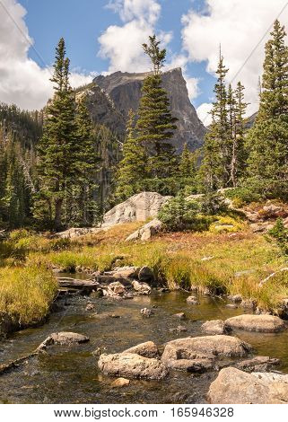 Hallett Peak and Tyndall Creek, in the Tyndall Gorge area of Rocky Mountain National Park, near Estes Park, Colorado.